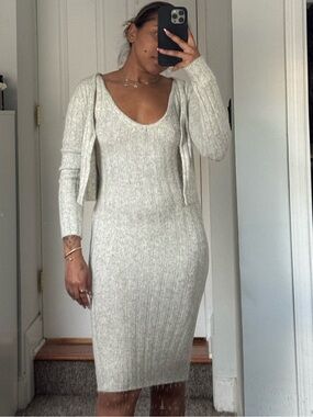 Slim Ribbed Midi Dress with Matching Cardigan - Light Gray